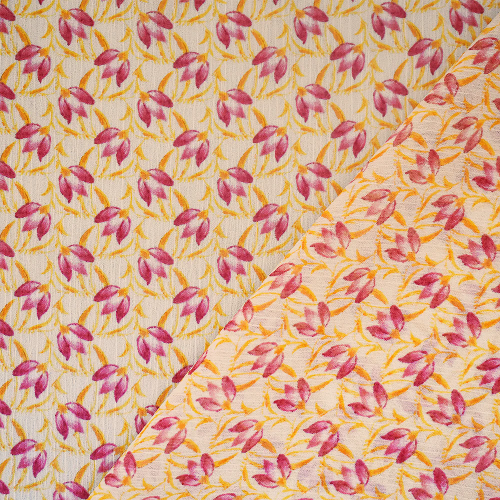 Yellow-Pink-Ivory Floral Printed Poly Yoryu Chiffon Woven Fabric - Image 2