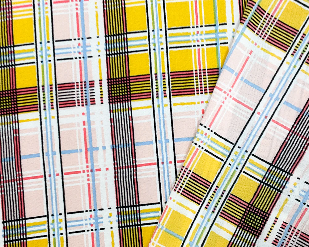 Yellow-Pink-Multi Poly Plaid Printed Pebble Crepe Woven Fabric - Image 2