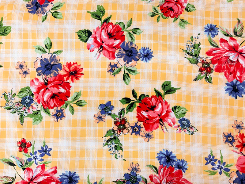 Yellow-Red-Multi Rayon Floral Plaid Printed Challis Woven Fabric - Image 3