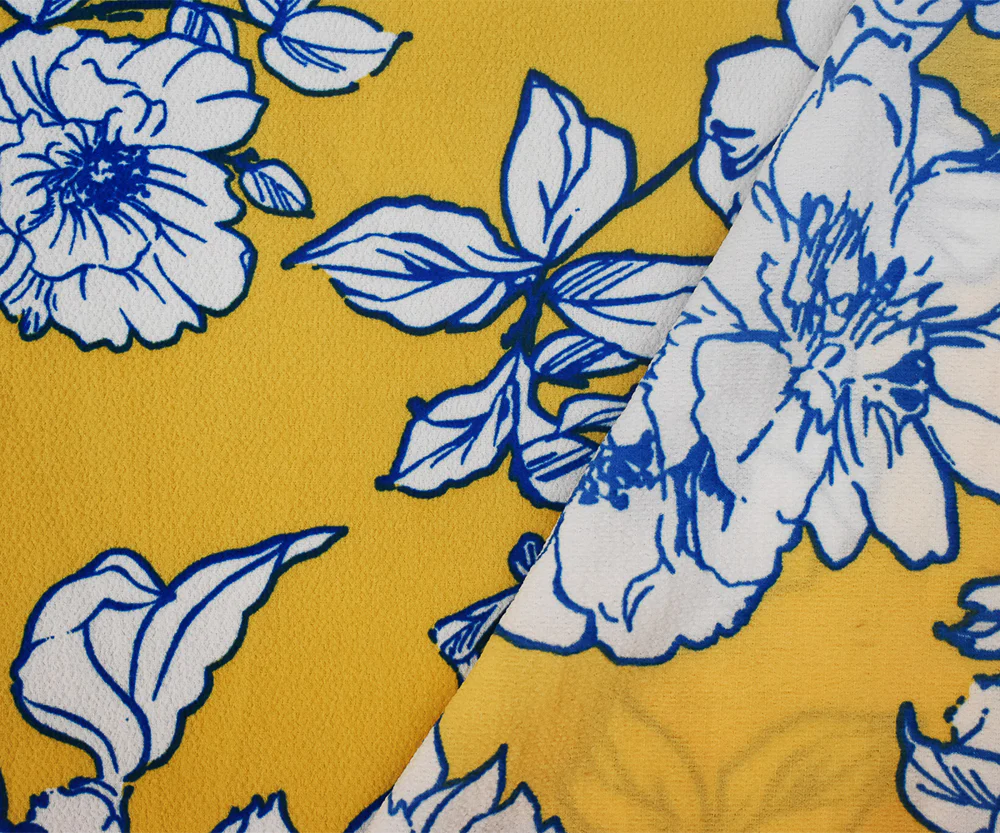 Yellow-White Floral Printed Stretch Poly Spandex Ghost Crepe Woven Fabric - Image 2