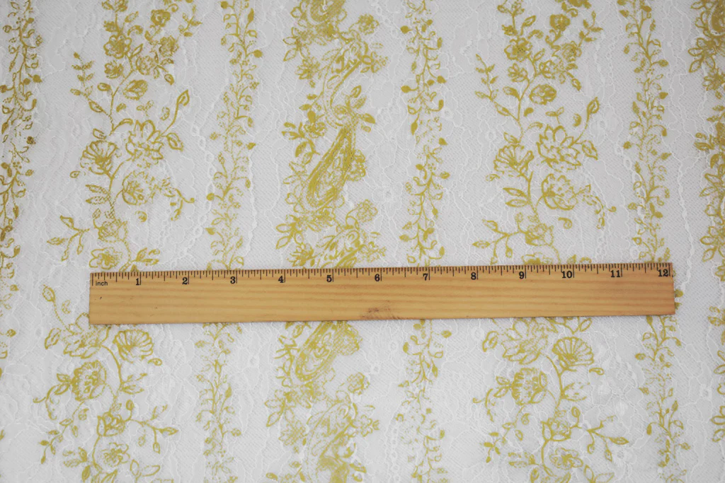 Yellow-White Nylon Floral Vine Printed Lace Mesh Knit Fabric - Image 4